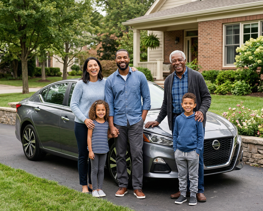 Happy family with their car